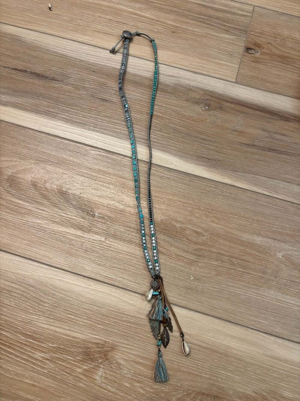 Boho Beaded Wrap Necklace with Tassel and Leaf Charms